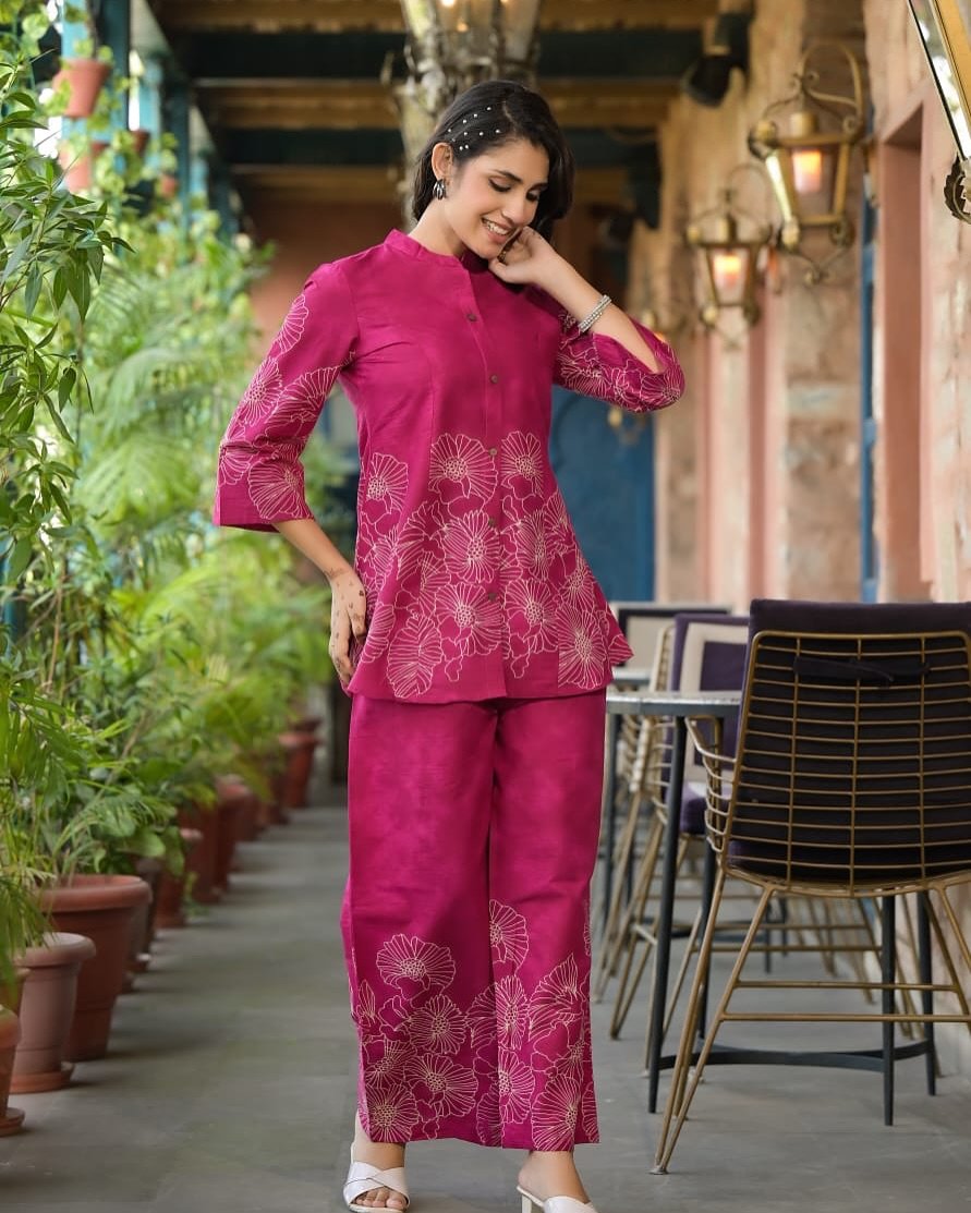 Pink Printed Cotton Co-Ord Kurta Set